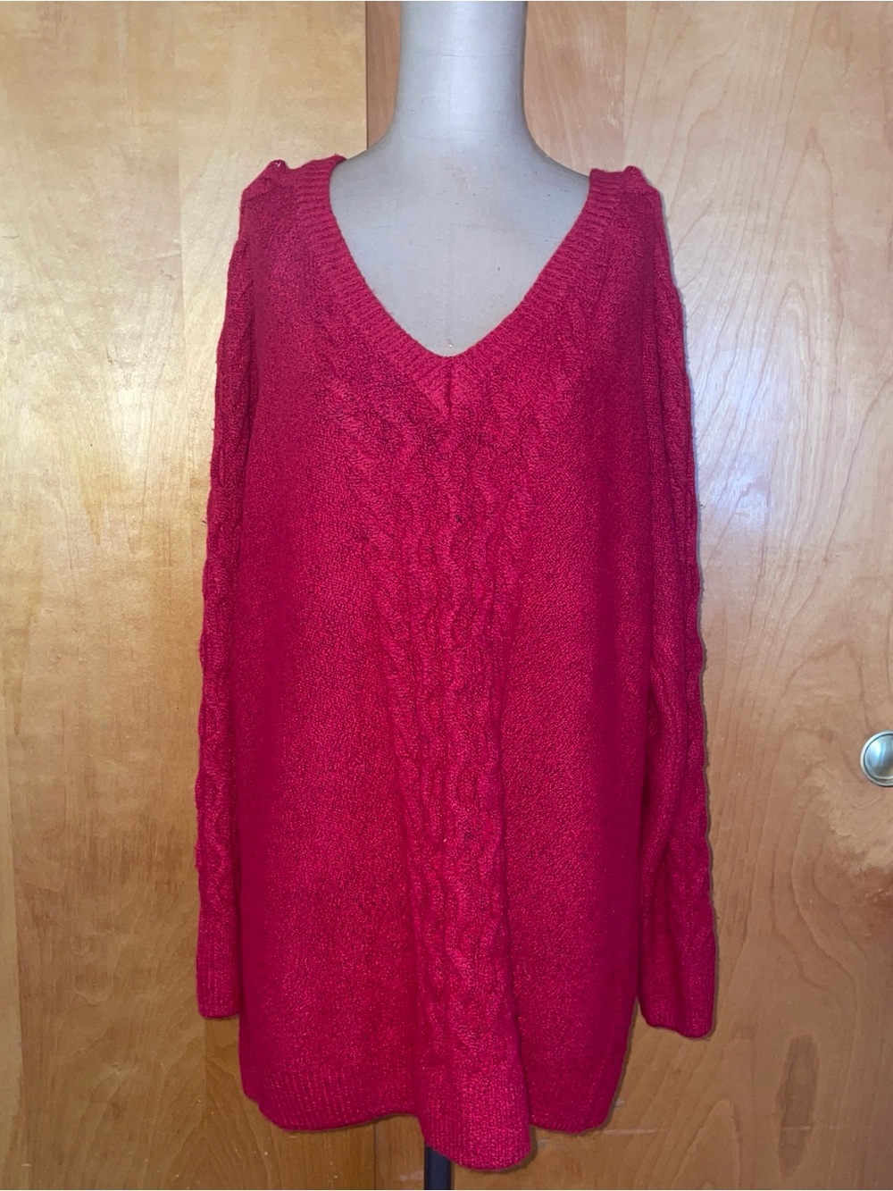Lane Bryant Red V-Neck Cable Knit Sweater